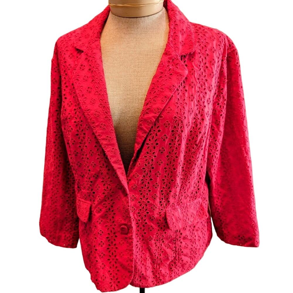 Womens Oscar De La Renta Cotton Embroidered Eyelet Blazer Pink Sz 16P